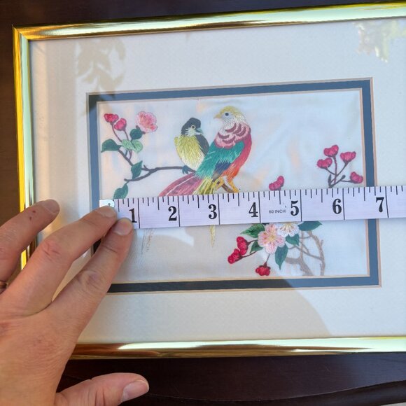 Vintage Chinese Silk Embroidery of Birds & Blossoms Framed Asian Needlework Art - Picture 13 of 16
